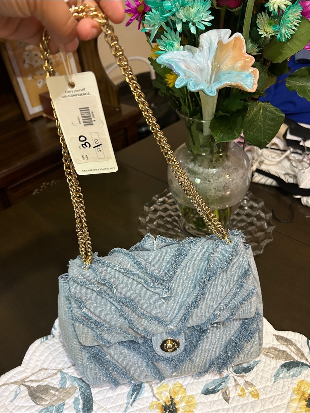 Urban Expressions Light Blue Denim Shoulder Bag with Gold Chain
